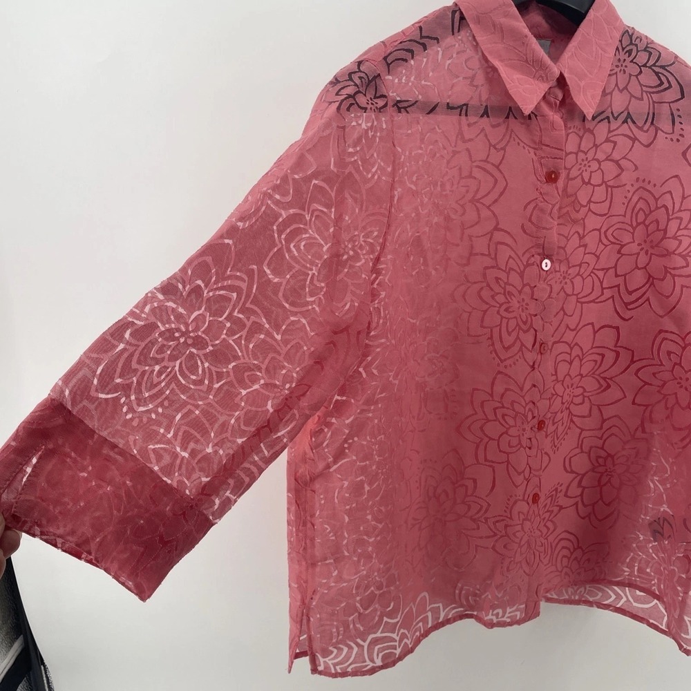 Floral Burnout Button Up Top Women's 18 Pink Cottage Country Romantic Boho Artsy